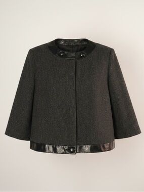 Worthington L retro grey tweed black crinkled faux black leather crop‎ jacket